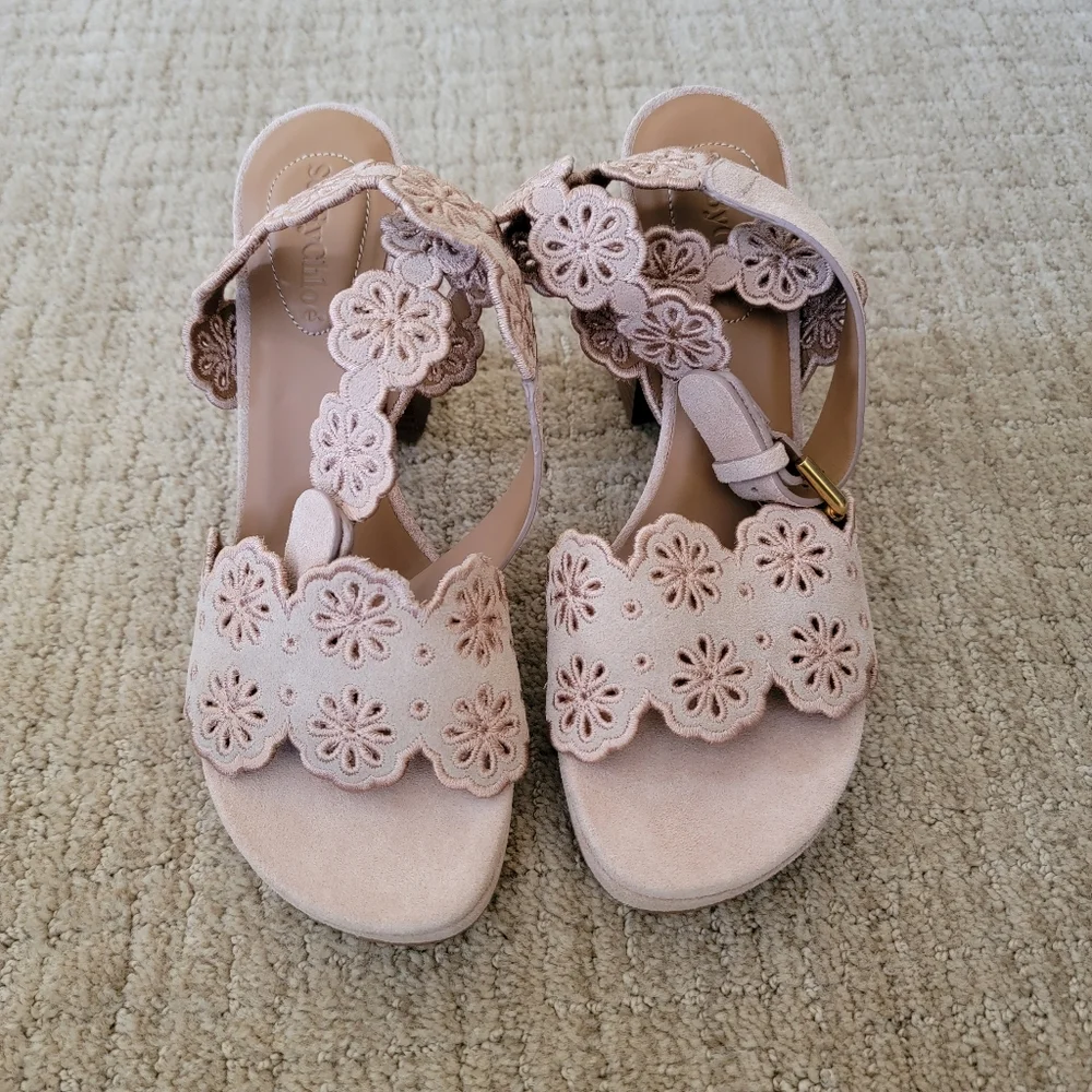 New See By Chloe Laser-Cut Floral Kristy Heeled Sandals in Tan, Size 37